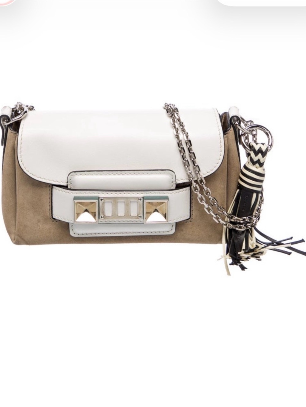 Proenza Schouler Suede & Leather Mini Chain Crossbody Bag, Taupe/White, New